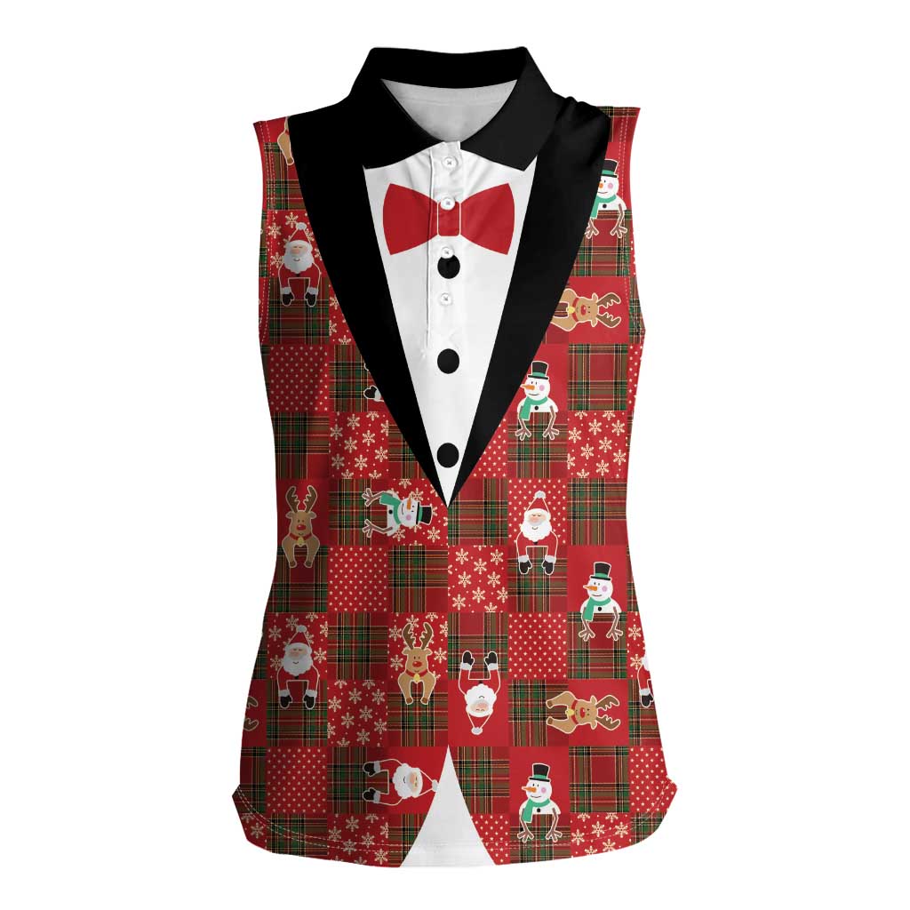 Christmas Patchwork Fake Tuxedo Women Sleeveless Polo Shirt Santa and Reindeer Red Plaid Style - Wonder Print Shop