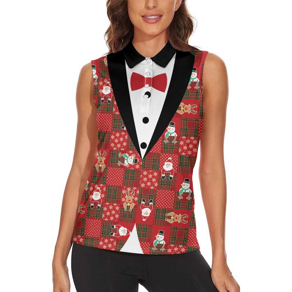 Christmas Patchwork Fake Tuxedo Women Sleeveless Polo Shirt Santa and Reindeer Red Plaid Style - Wonder Print Shop