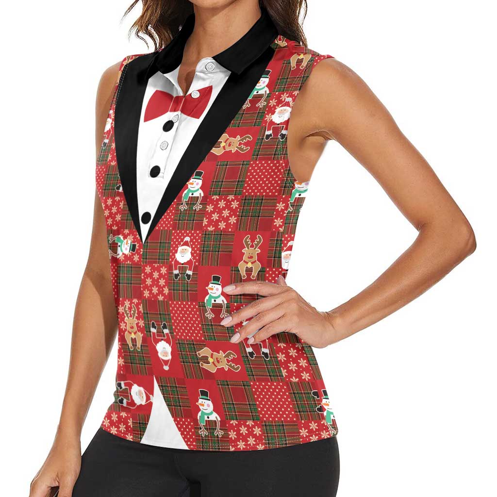 Christmas Patchwork Fake Tuxedo Women Sleeveless Polo Shirt Santa and Reindeer Red Plaid Style - Wonder Print Shop