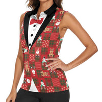 Christmas Patchwork Fake Tuxedo Women Sleeveless Polo Shirt Santa and Reindeer Red Plaid Style - Wonder Print Shop