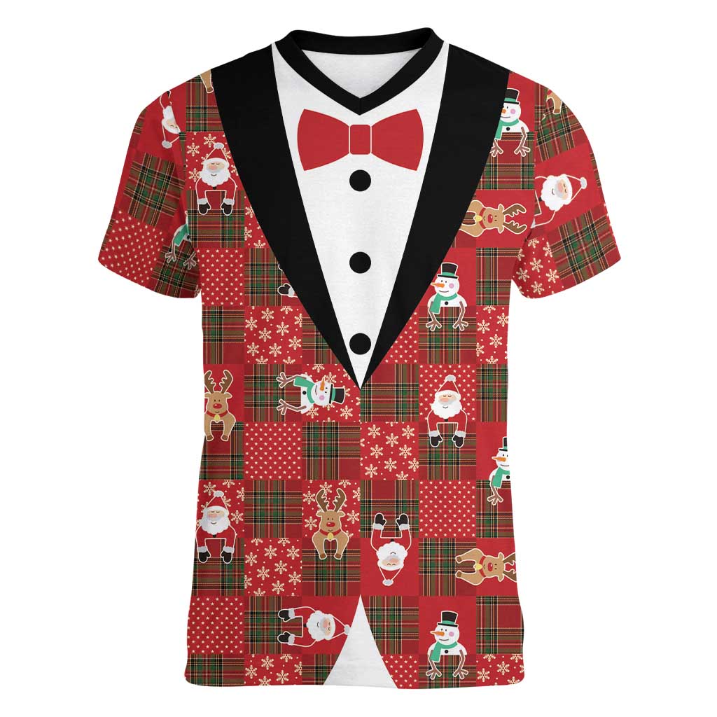 Christmas Patchwork Fake Tuxedo Women V-Neck T-Shirt Santa and Reindeer Red Plaid Style - Wonder Print Shop