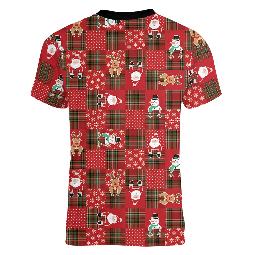 Christmas Patchwork Fake Tuxedo Women V-Neck T-Shirt Santa and Reindeer Red Plaid Style - Wonder Print Shop