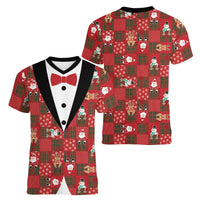 Christmas Patchwork Fake Tuxedo Women V-Neck T-Shirt Santa and Reindeer Red Plaid Style - Wonder Print Shop