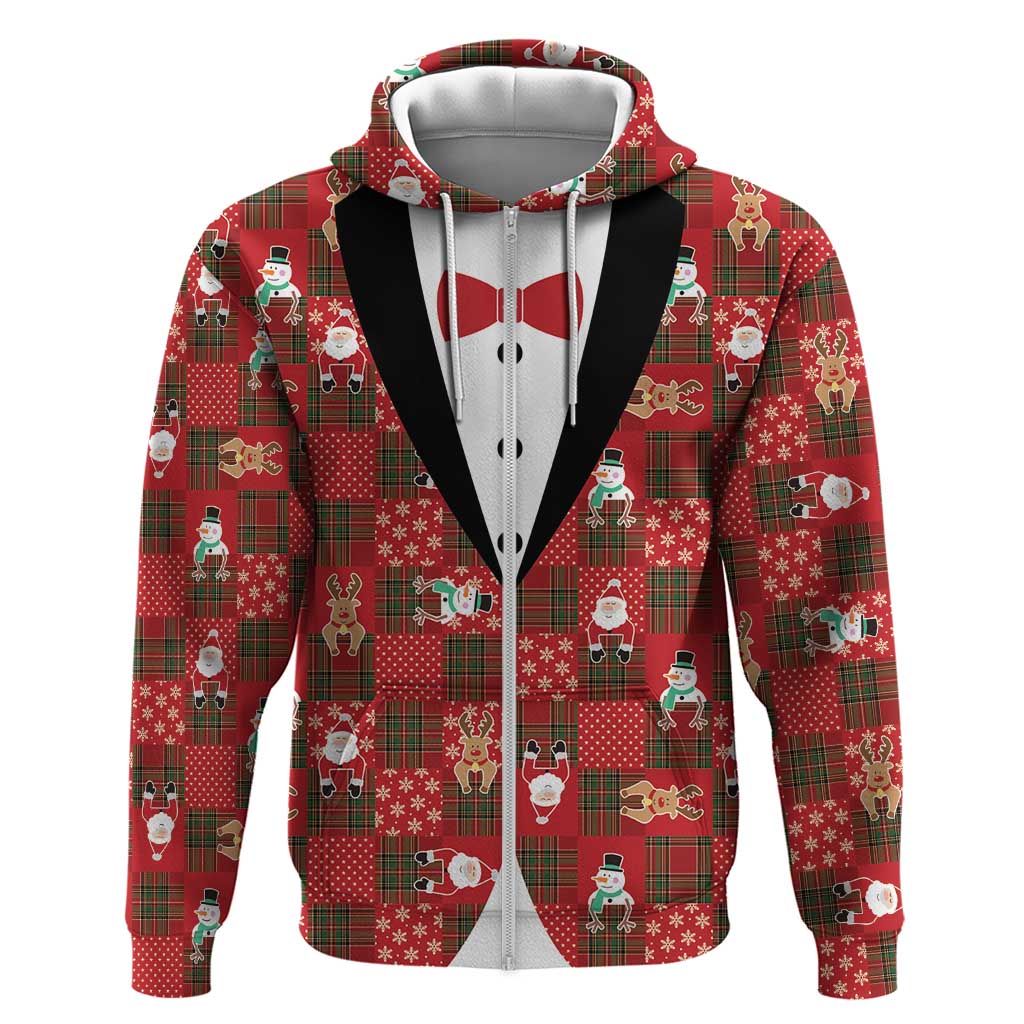 Christmas Patchwork Fake Tuxedo Zip Hoodie Santa and Reindeer Red Plaid Style - Wonder Print Shop
