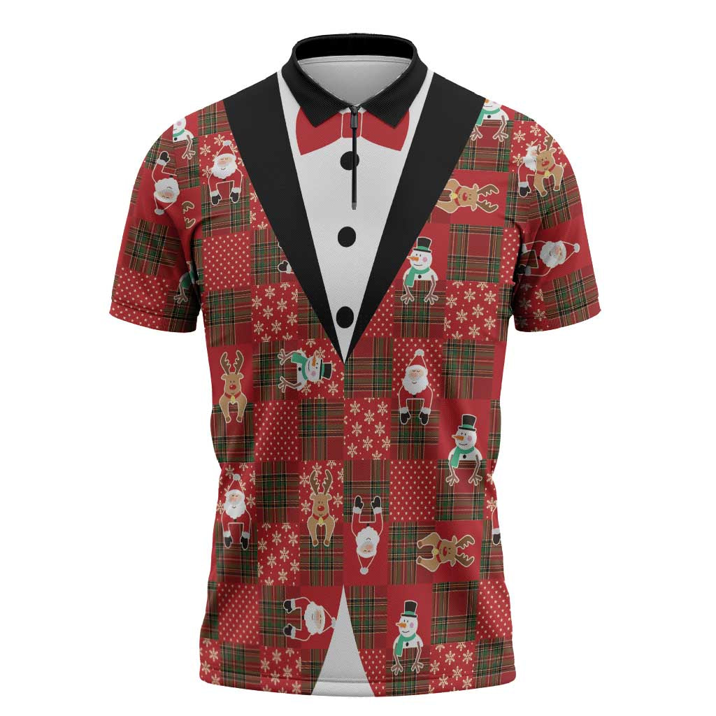 Christmas Patchwork Fake Tuxedo Zipper Polo Shirt Santa and Reindeer Red Plaid Style - Wonder Print Shop