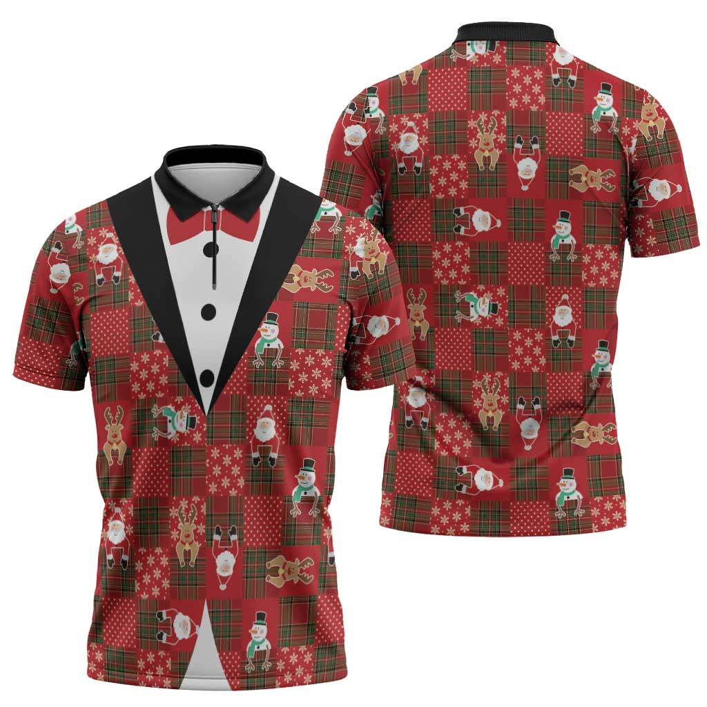 Christmas Patchwork Fake Tuxedo Zipper Polo Shirt Santa and Reindeer Red Plaid Style - Wonder Print Shop