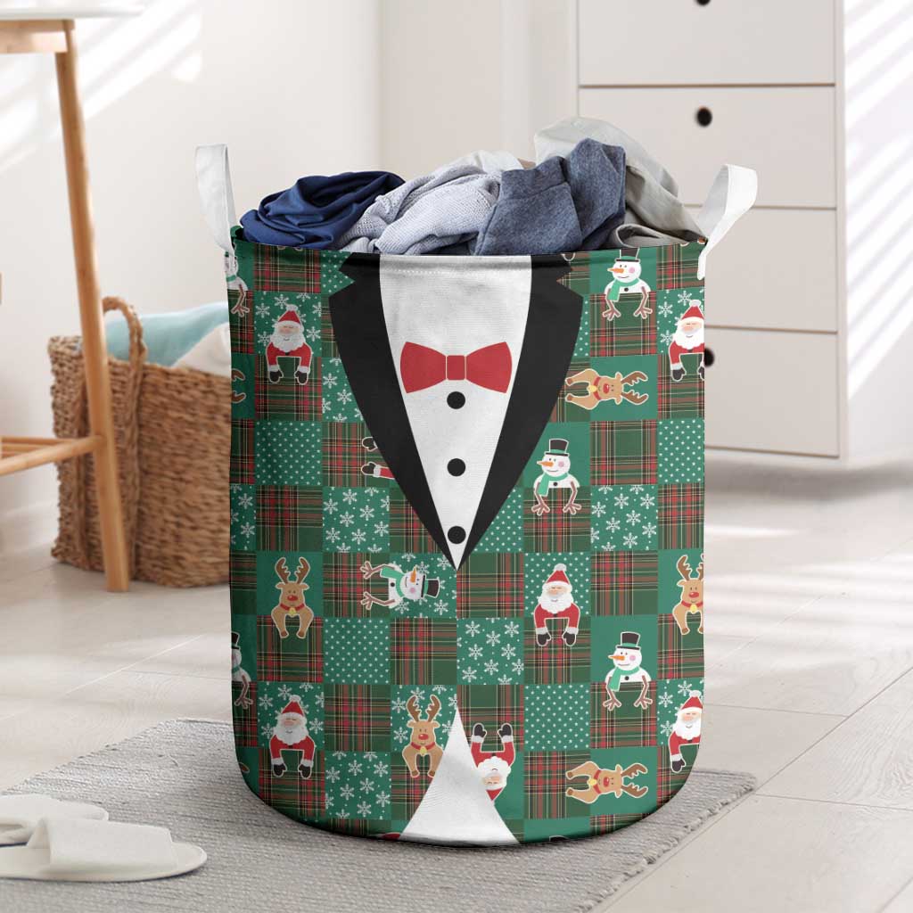 Christmas Patchwork Fake Tuxedo Laundry Basket Santa and Reindeer Green Plaid Style - Wonder Print Shop