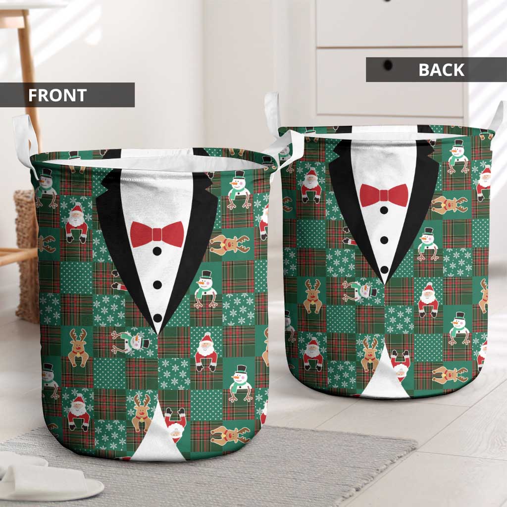 Christmas Patchwork Fake Tuxedo Laundry Basket Santa and Reindeer Green Plaid Style - Wonder Print Shop