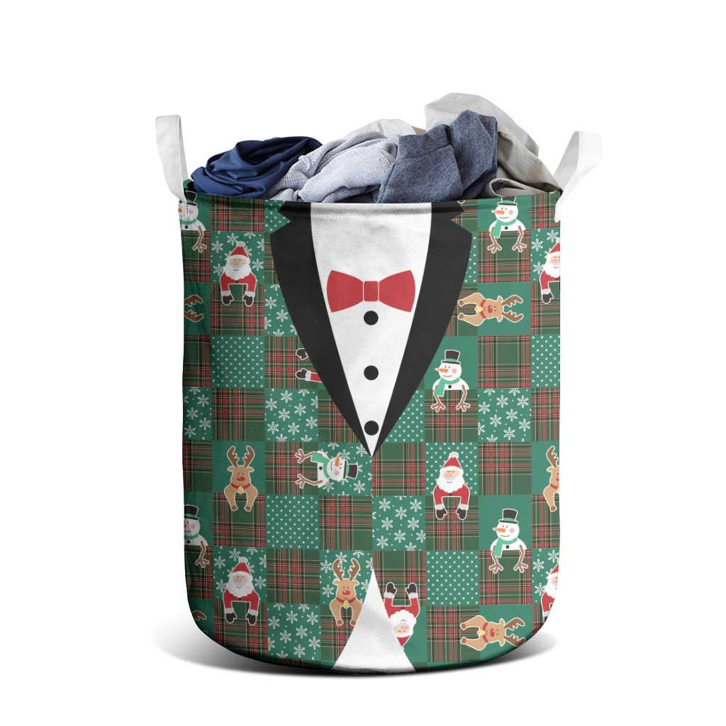 Christmas Patchwork Fake Tuxedo Laundry Basket Santa and Reindeer Green Plaid Style - Wonder Print Shop