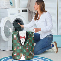 Christmas Patchwork Fake Tuxedo Laundry Basket Santa and Reindeer Green Plaid Style - Wonder Print Shop