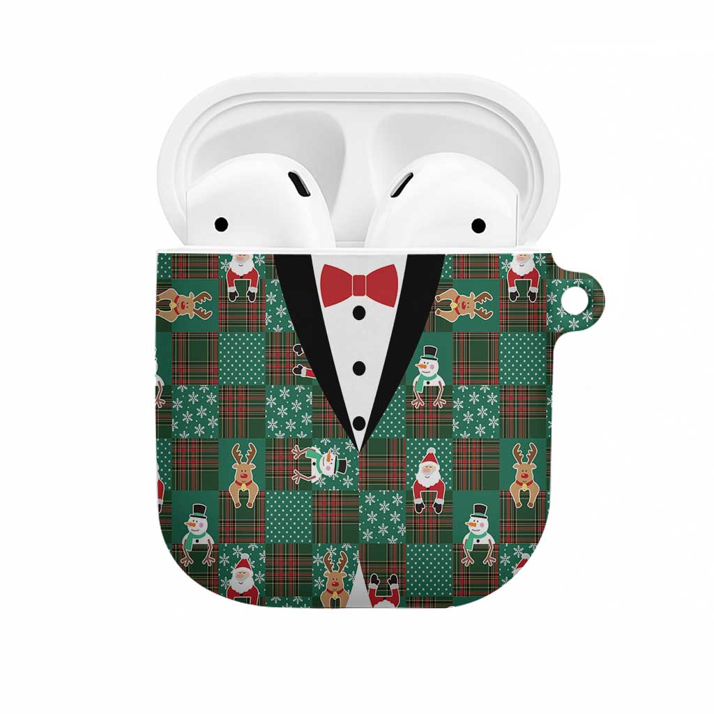 Christmas Patchwork Fake Tuxedo AirPods Case Santa and Reindeer Green Plaid Style - Wonder Print Shop