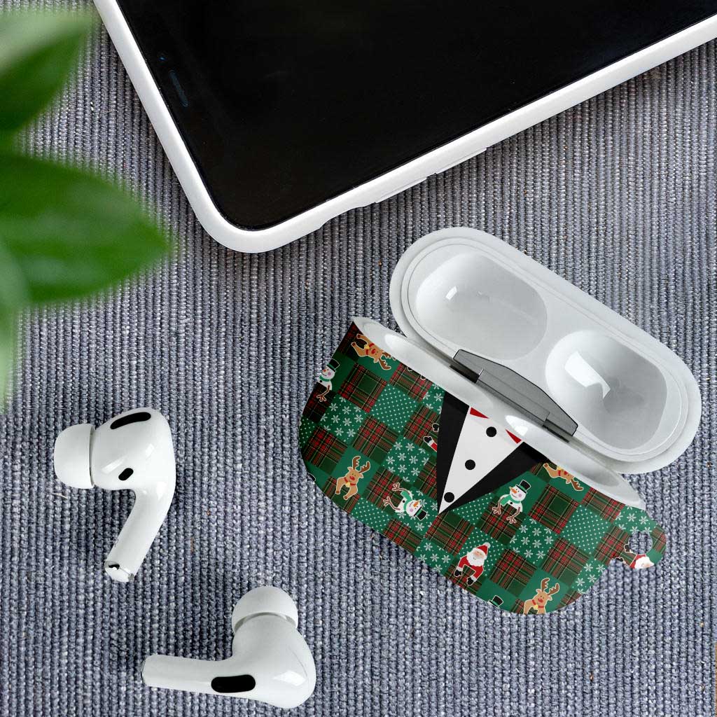 Christmas Patchwork Fake Tuxedo AirPods Case Santa and Reindeer Green Plaid Style - Wonder Print Shop