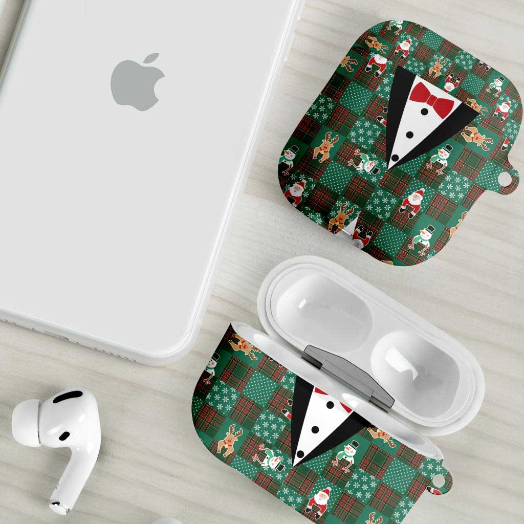 Christmas Patchwork Fake Tuxedo AirPods Case Santa and Reindeer Green Plaid Style - Wonder Print Shop