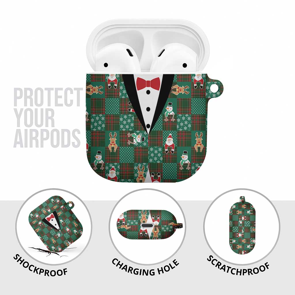 Christmas Patchwork Fake Tuxedo AirPods Case Santa and Reindeer Green Plaid Style - Wonder Print Shop