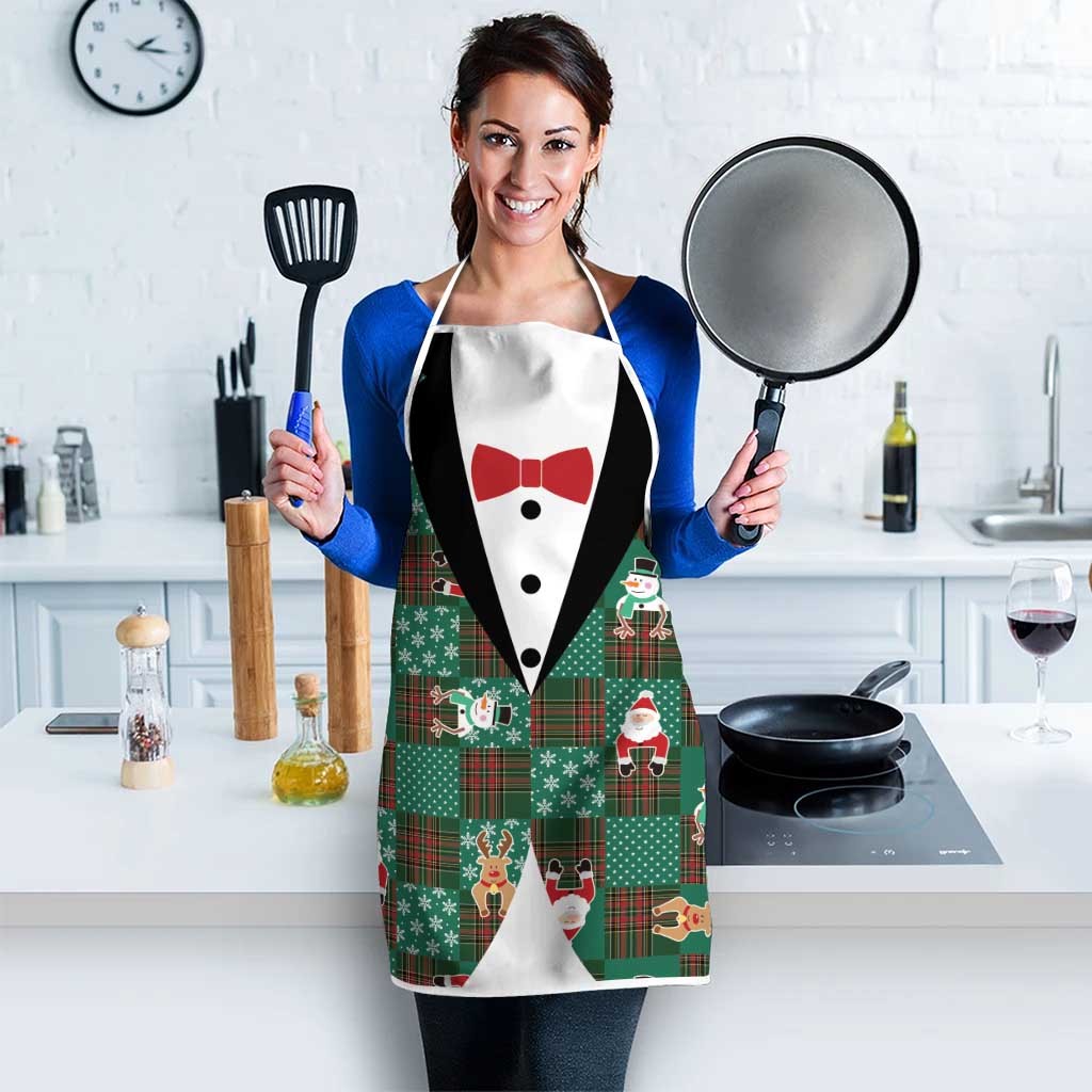 Christmas Patchwork Fake Tuxedo Apron Santa and Reindeer Green Plaid Style - Wonder Print Shop
