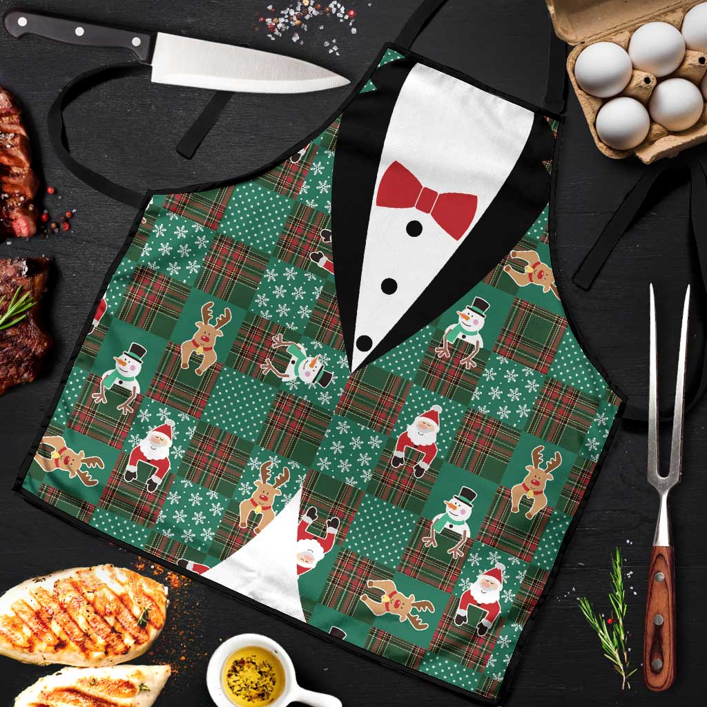 Christmas Patchwork Fake Tuxedo Apron Santa and Reindeer Green Plaid Style - Wonder Print Shop
