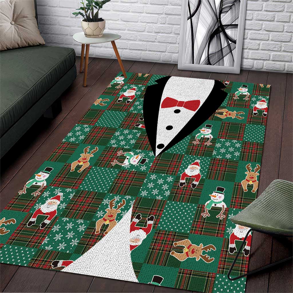 Christmas Patchwork Fake Tuxedo Area Rug Santa and Reindeer Green Plaid Style - Wonder Print Shop
