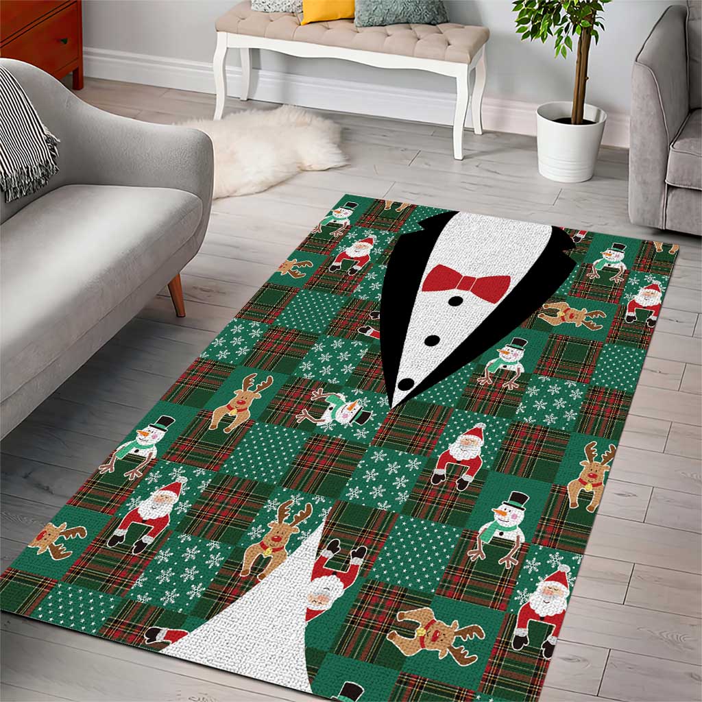Christmas Patchwork Fake Tuxedo Area Rug Santa and Reindeer Green Plaid Style - Wonder Print Shop