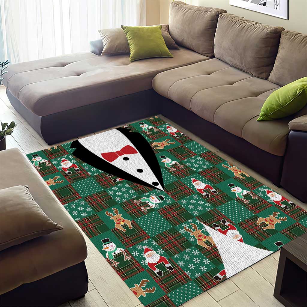 Christmas Patchwork Fake Tuxedo Area Rug Santa and Reindeer Green Plaid Style - Wonder Print Shop