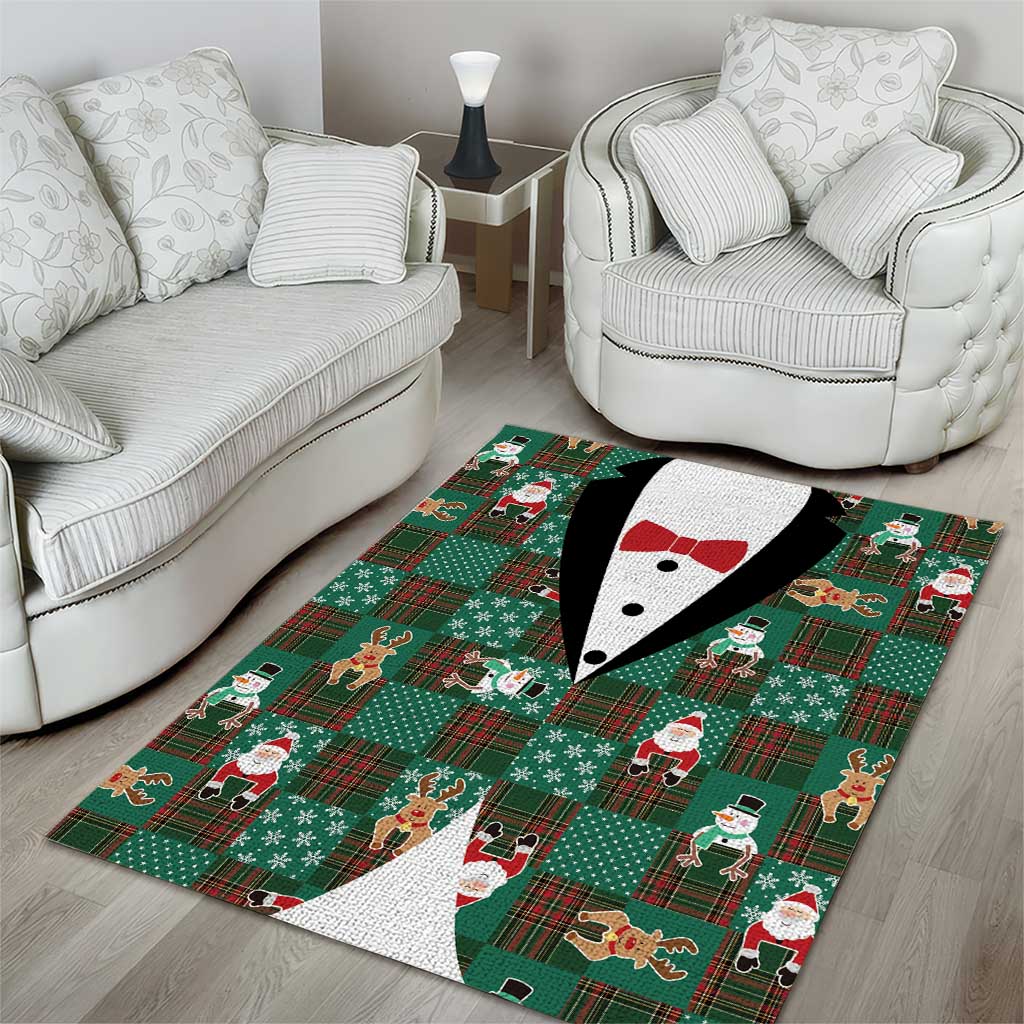 Christmas Patchwork Fake Tuxedo Area Rug Santa and Reindeer Green Plaid Style - Wonder Print Shop