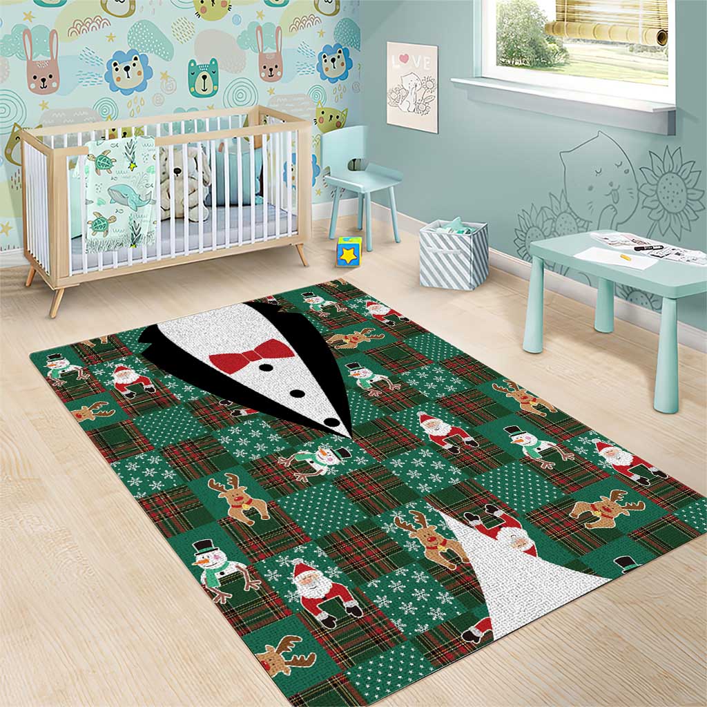 Christmas Patchwork Fake Tuxedo Area Rug Santa and Reindeer Green Plaid Style - Wonder Print Shop