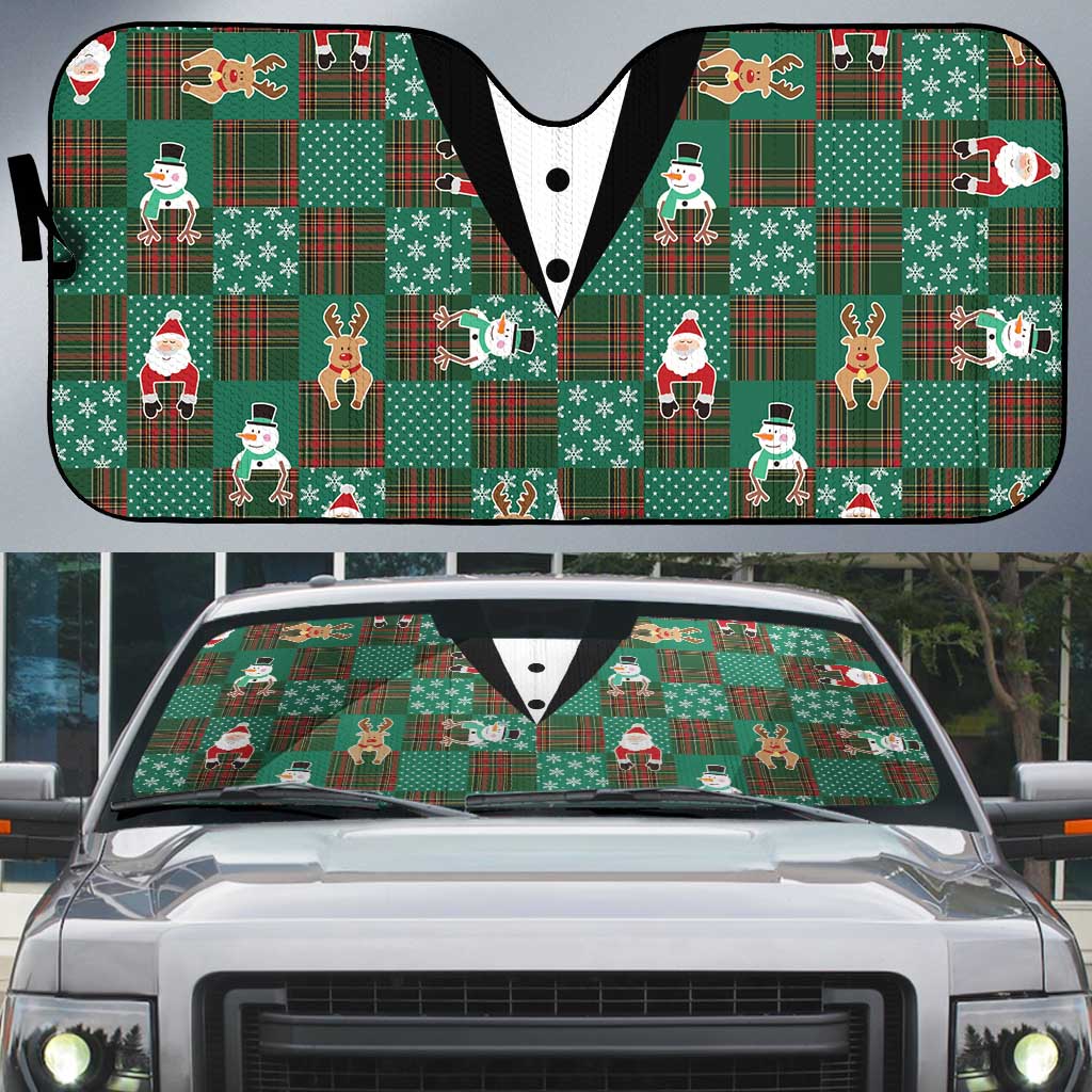 Christmas Patchwork Fake Tuxedo Auto Sun Shade Santa and Reindeer Green Plaid Style - Wonder Print Shop