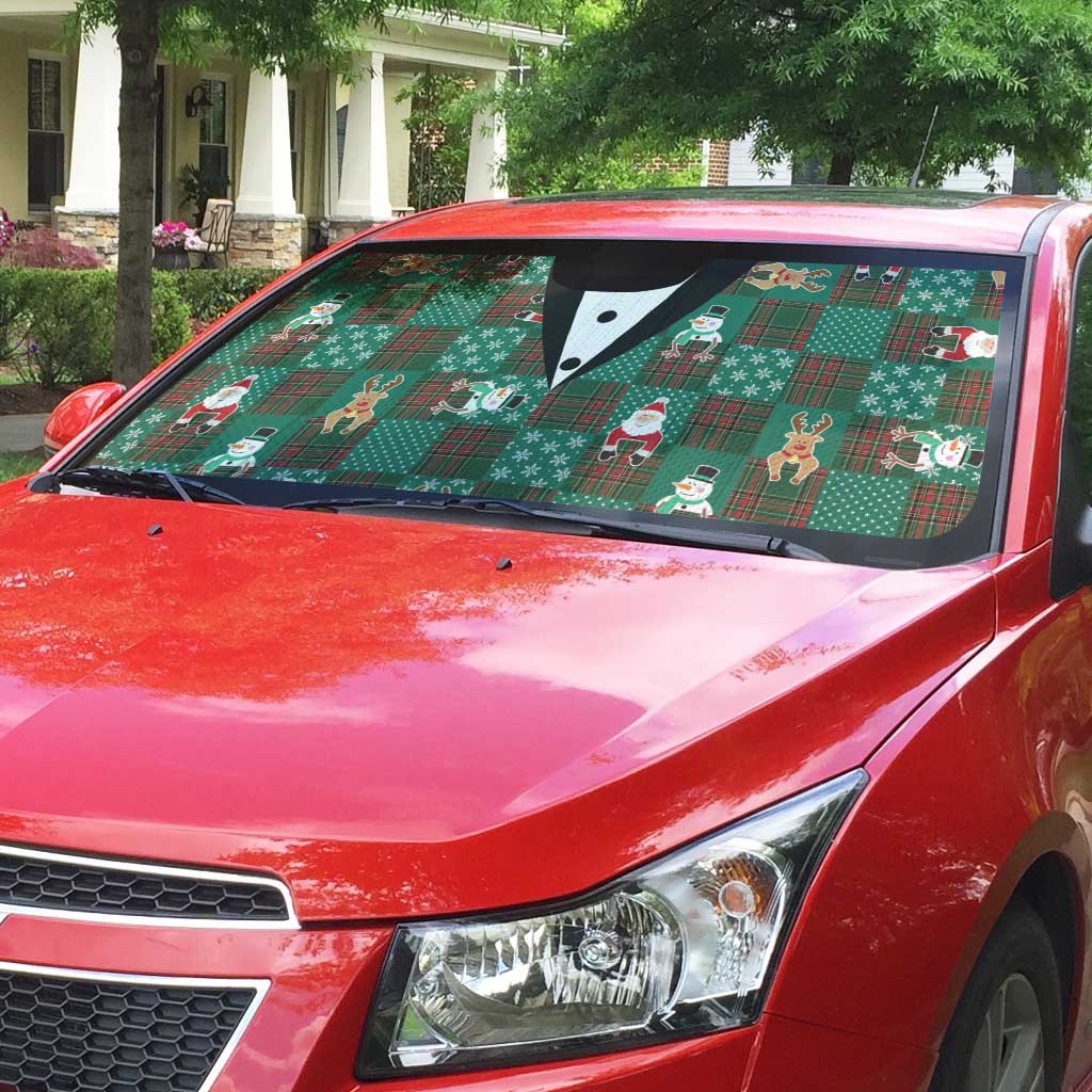Christmas Patchwork Fake Tuxedo Auto Sun Shade Santa and Reindeer Green Plaid Style - Wonder Print Shop