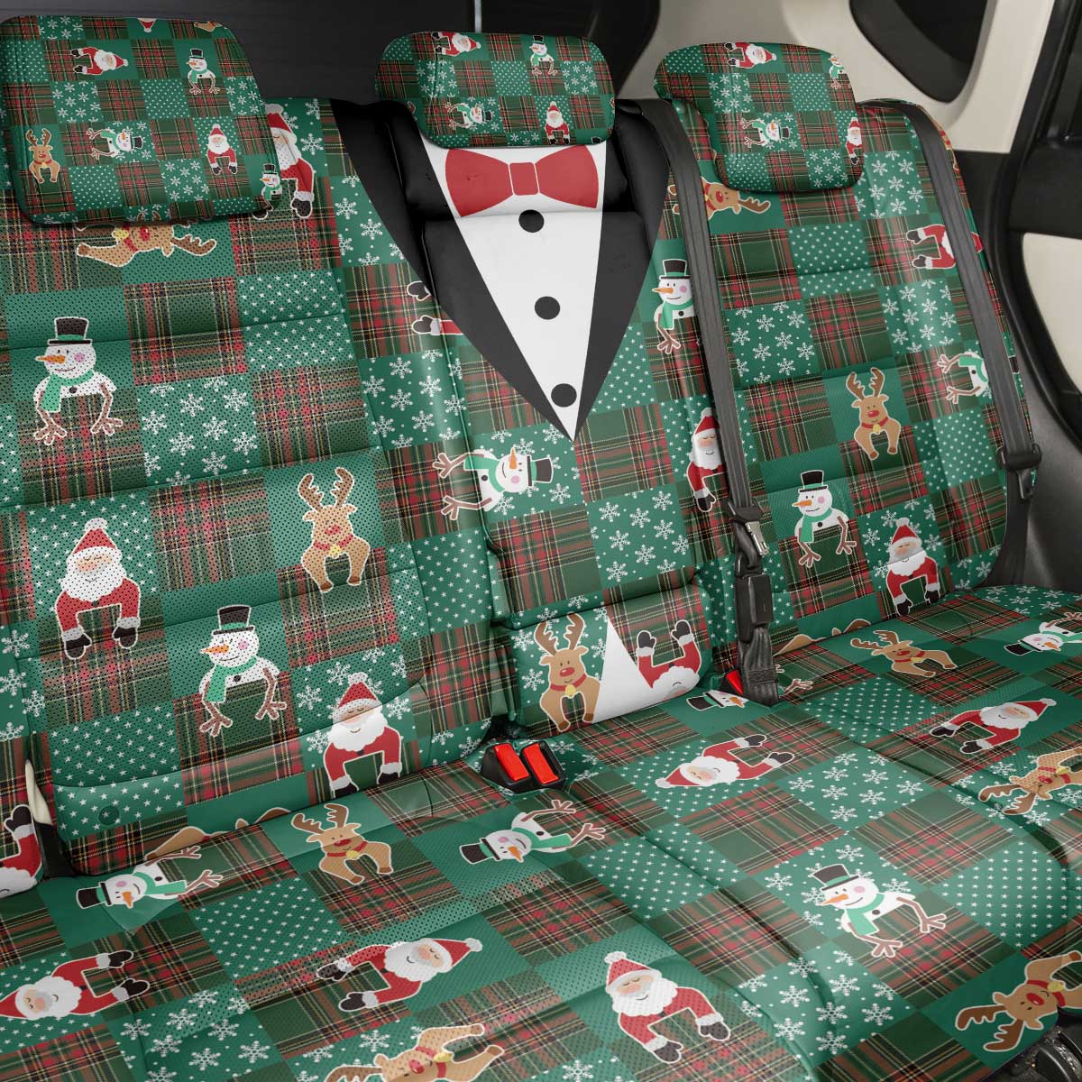 Christmas Patchwork Fake Tuxedo Back Car Seat Cover Santa and Reindeer Green Plaid Style - Wonder Print Shop