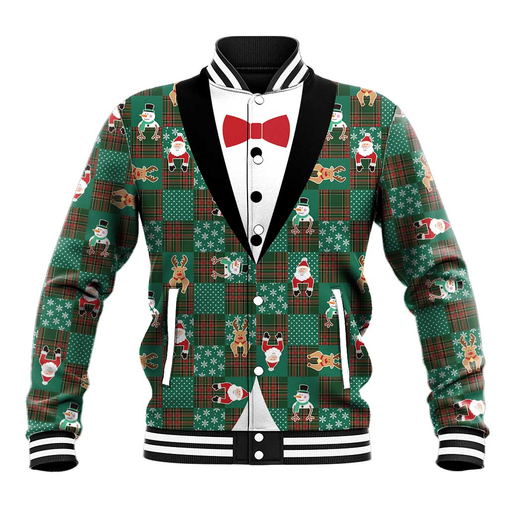 Christmas Patchwork Fake Tuxedo Baseball Jacket Santa and Reindeer Green Plaid Style - Wonder Print Shop