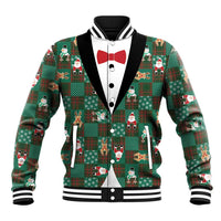 Christmas Patchwork Fake Tuxedo Baseball Jacket Santa and Reindeer Green Plaid Style - Wonder Print Shop