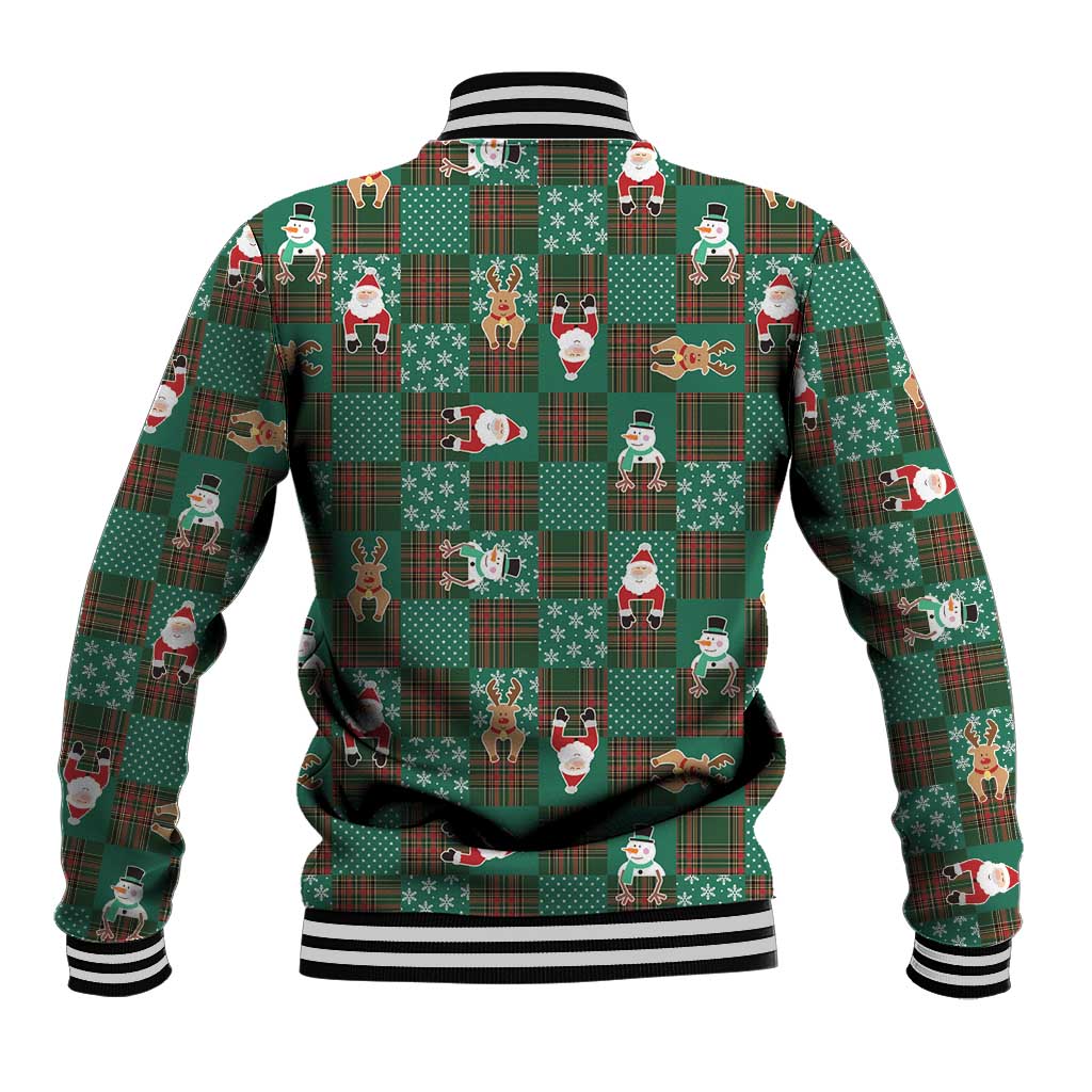 Christmas Patchwork Fake Tuxedo Baseball Jacket Santa and Reindeer Green Plaid Style - Wonder Print Shop