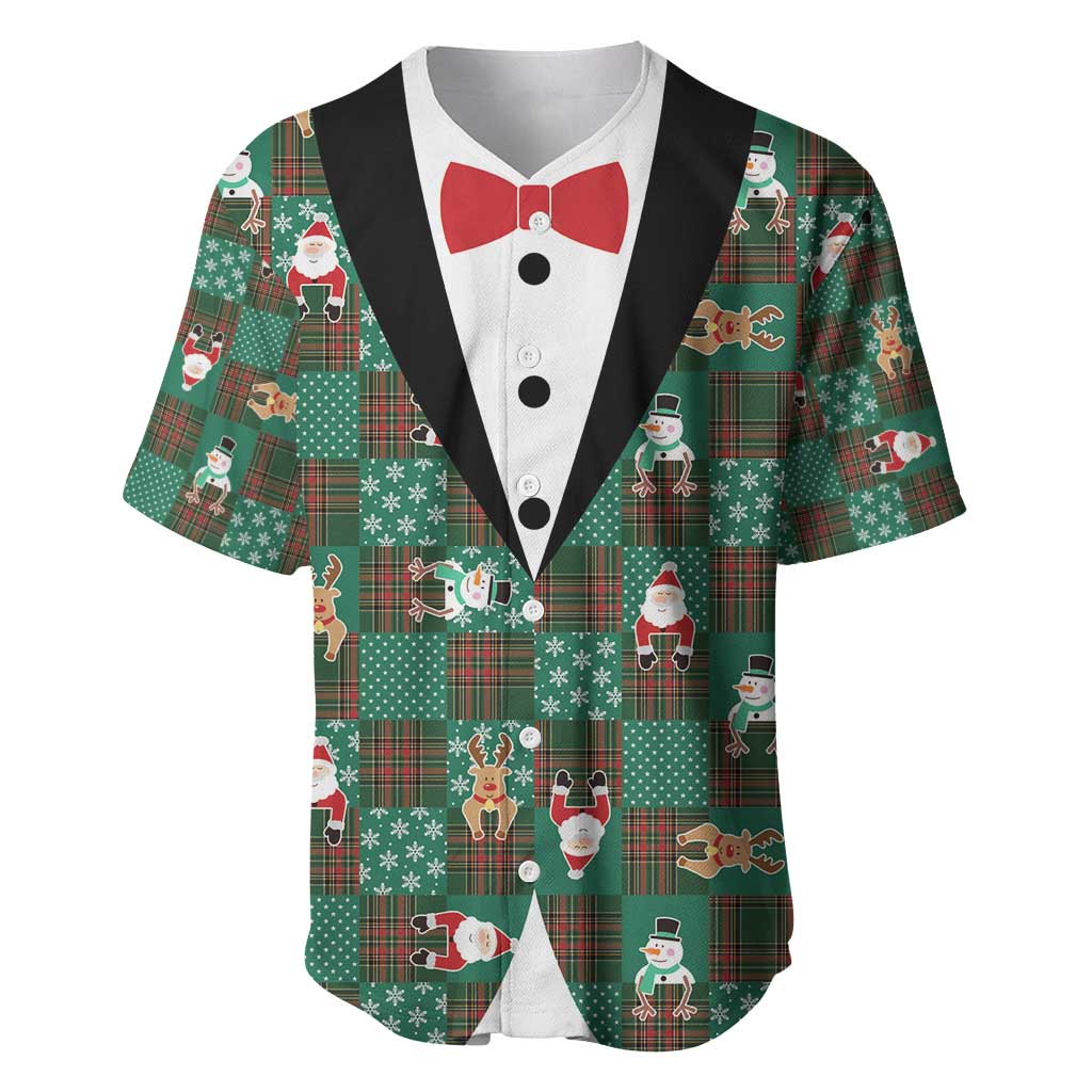 Christmas Patchwork Fake Tuxedo Baseball Jersey Santa and Reindeer Green Plaid Style - Wonder Print Shop
