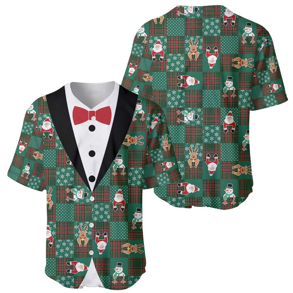 Christmas Patchwork Fake Tuxedo Baseball Jersey Santa and Reindeer Green Plaid Style - Wonder Print Shop