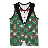 Christmas Patchwork Fake Tuxedo Basketball Jersey Santa and Reindeer Green Plaid Style - Wonder Print Shop