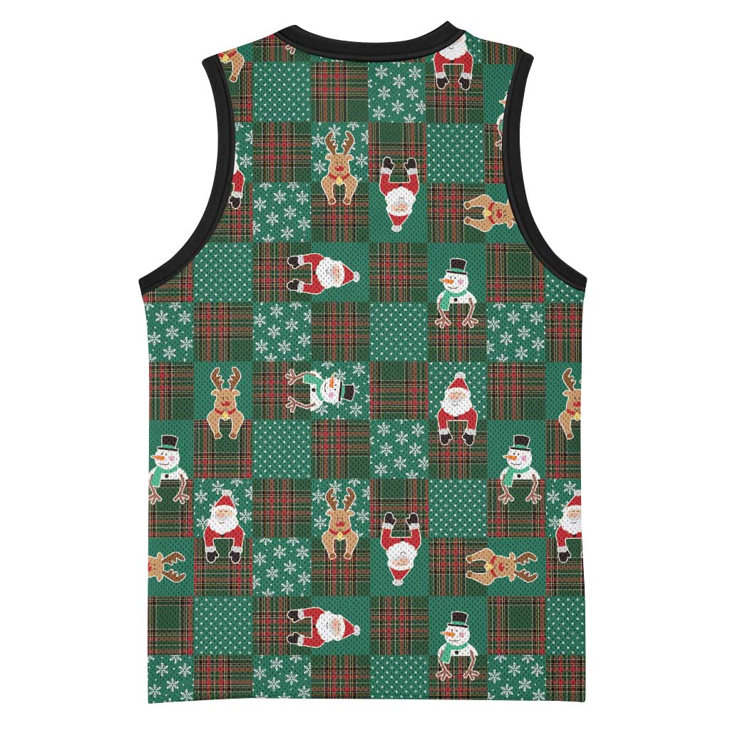 Christmas Patchwork Fake Tuxedo Basketball Jersey Santa and Reindeer Green Plaid Style - Wonder Print Shop