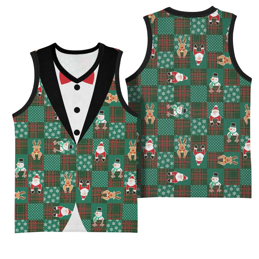 Christmas Patchwork Fake Tuxedo Basketball Jersey Santa and Reindeer Green Plaid Style - Wonder Print Shop