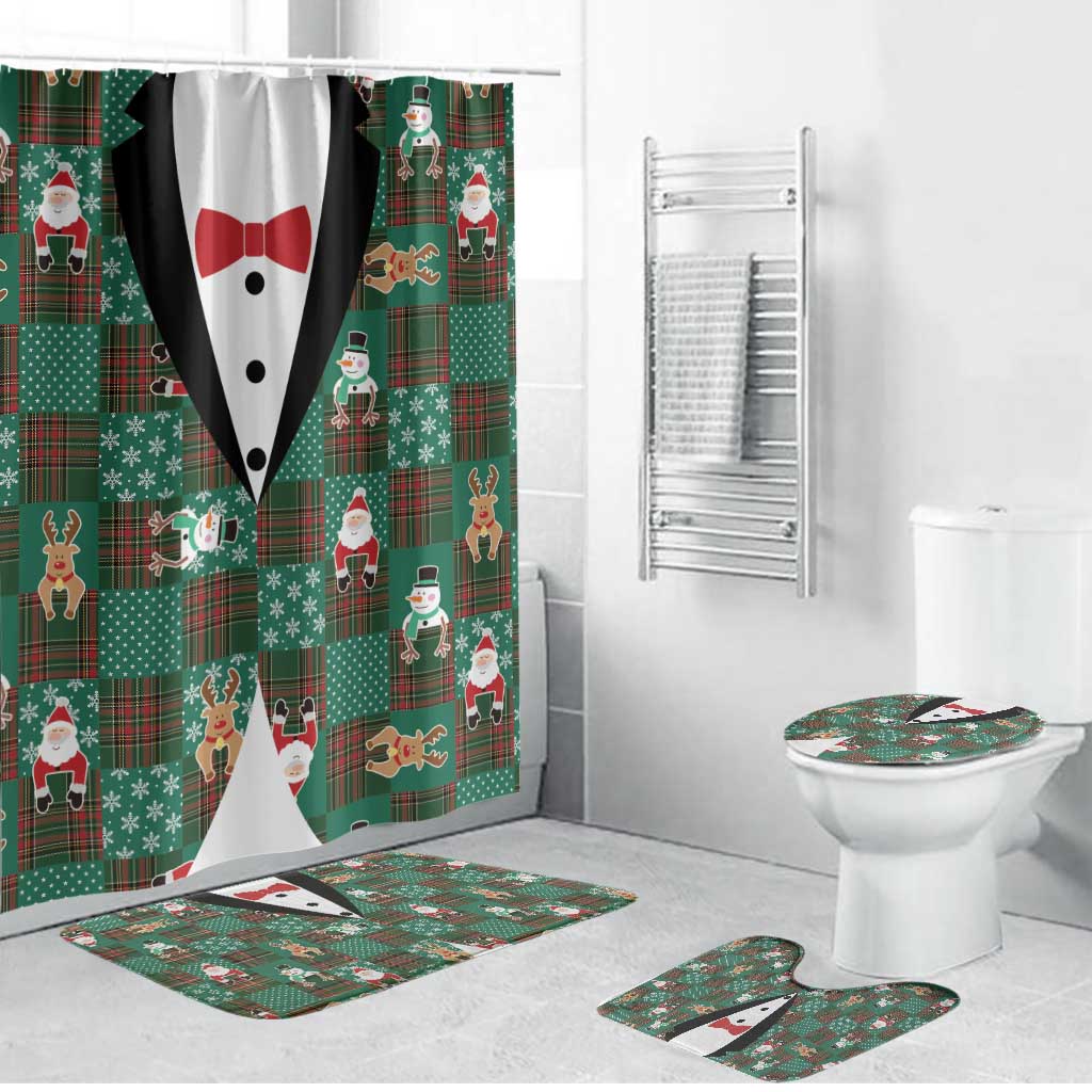 Christmas Patchwork Fake Tuxedo Bathroom Set Santa and Reindeer Green Plaid Style - Wonder Print Shop