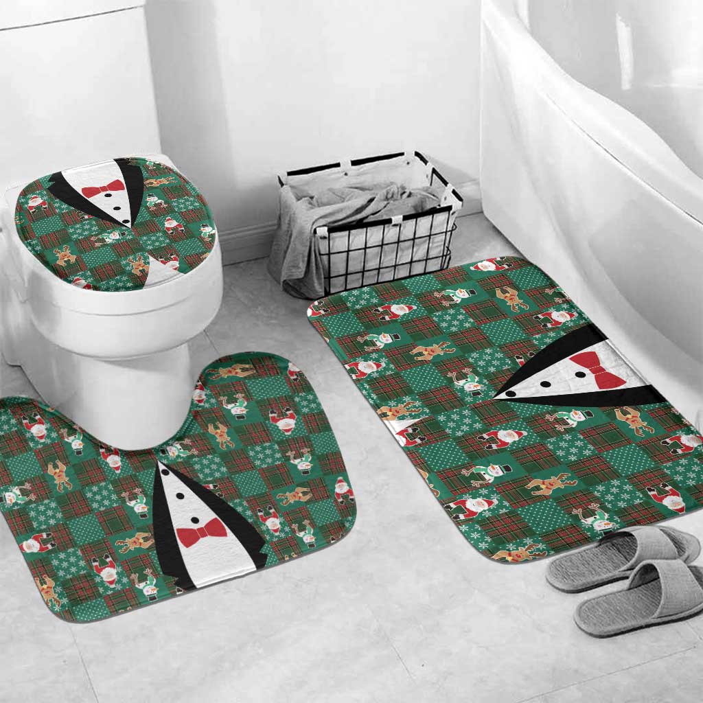 Christmas Patchwork Fake Tuxedo Bathroom Set Santa and Reindeer Green Plaid Style - Wonder Print Shop