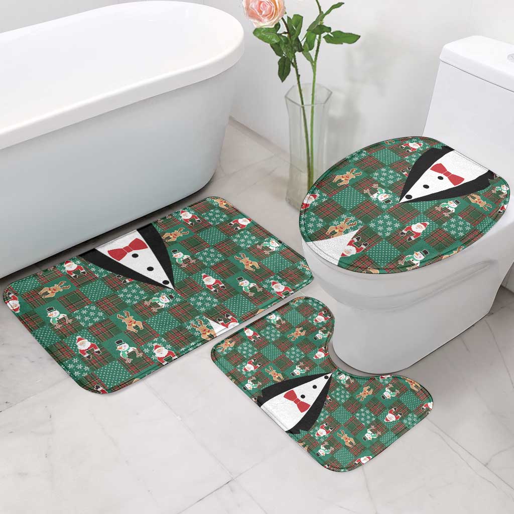 Christmas Patchwork Fake Tuxedo Bathroom Set Santa and Reindeer Green Plaid Style - Wonder Print Shop