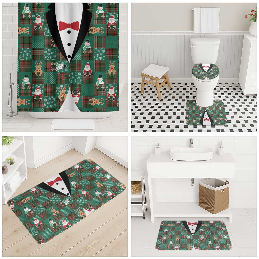 Christmas Patchwork Fake Tuxedo Bathroom Set Santa and Reindeer Green Plaid Style - Wonder Print Shop