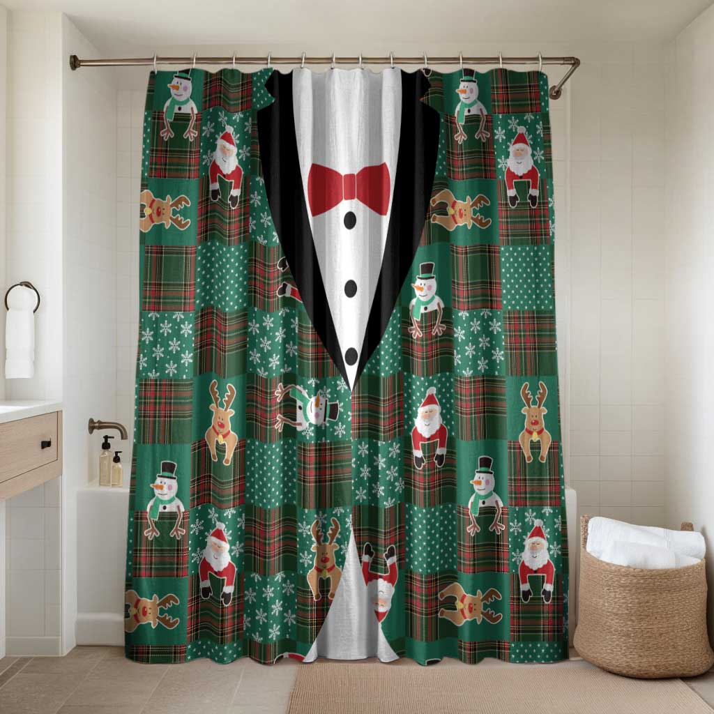 Christmas Patchwork Fake Tuxedo Bathroom Set Santa and Reindeer Green Plaid Style - Wonder Print Shop
