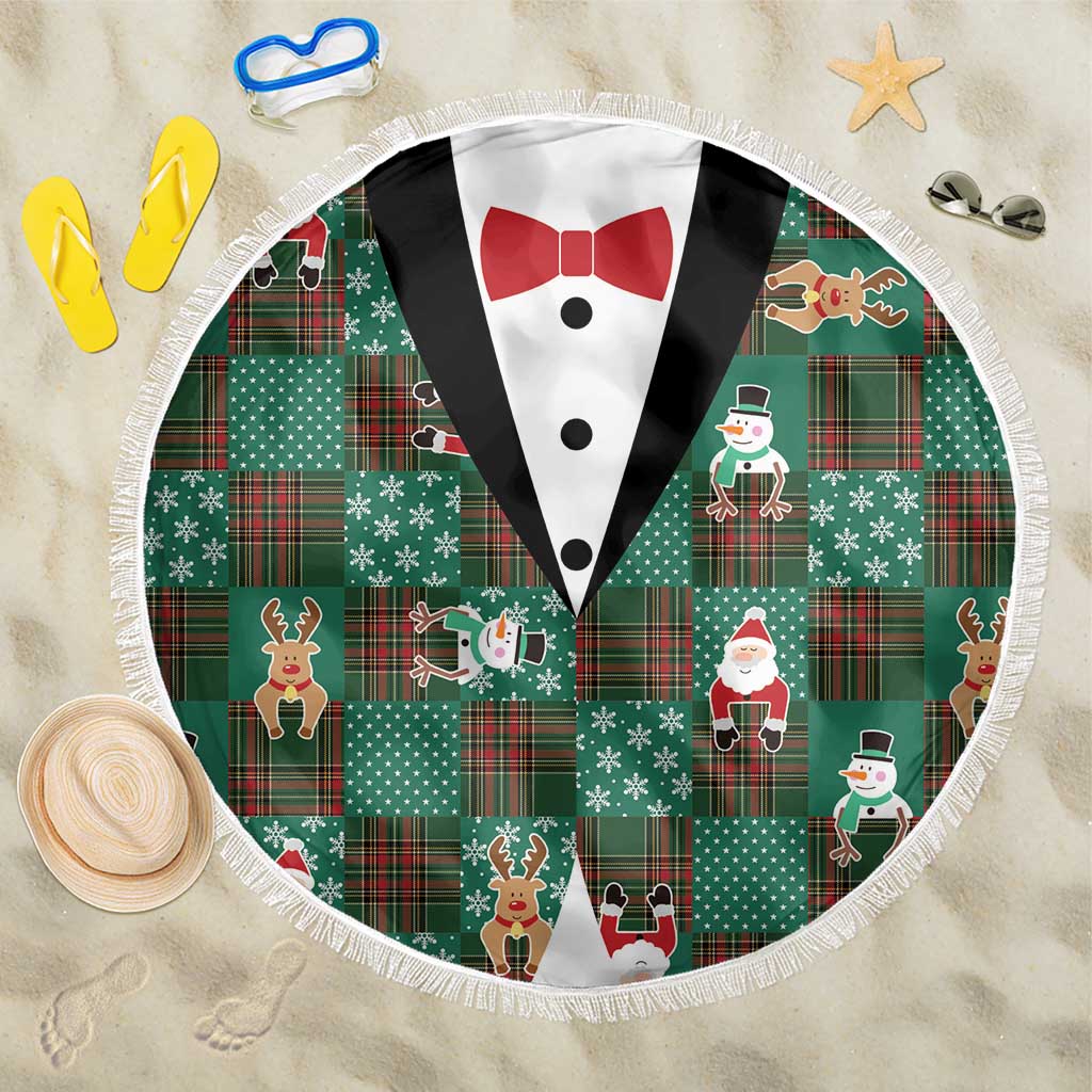 Christmas Patchwork Fake Tuxedo Beach Blanket Santa and Reindeer Green Plaid Style - Wonder Print Shop