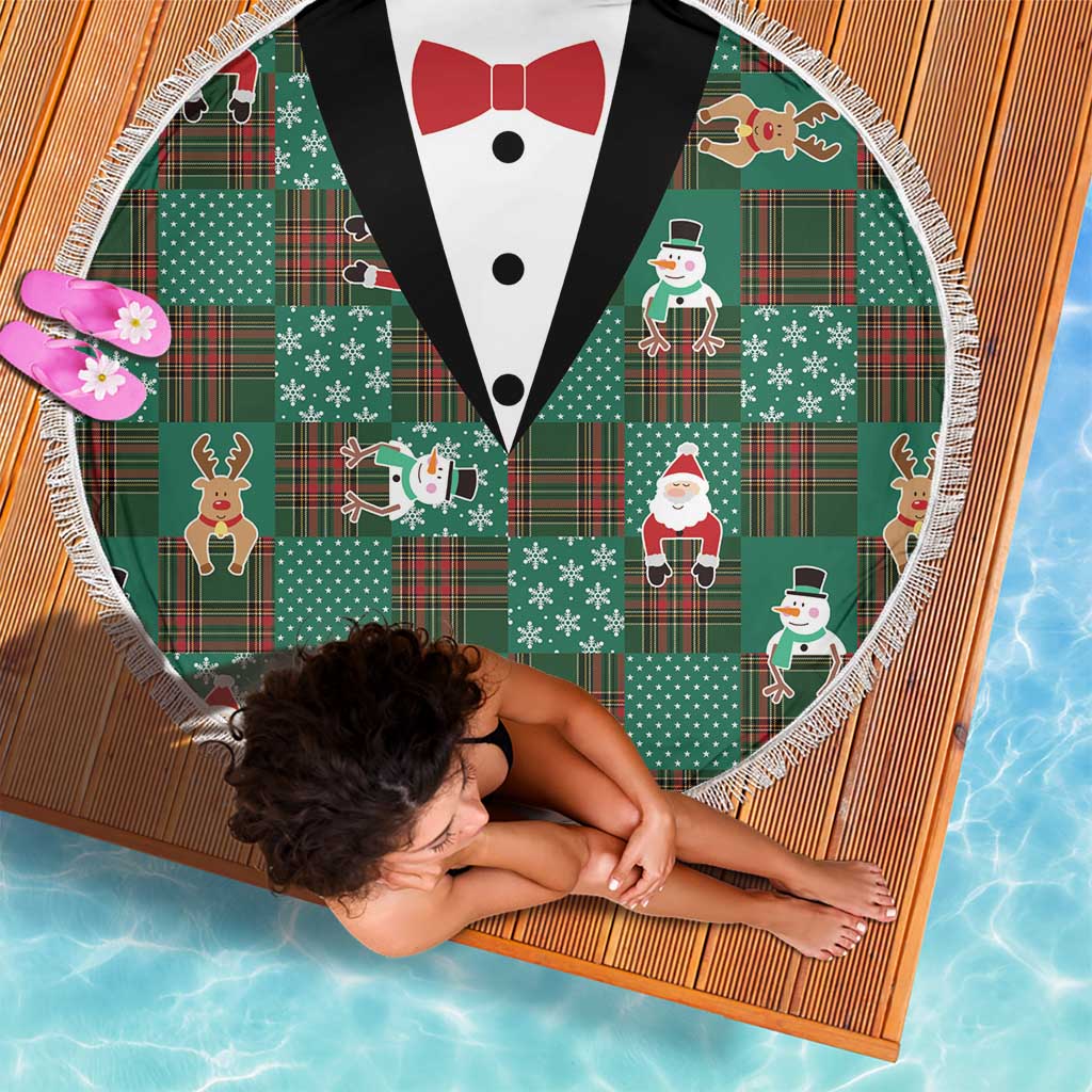 Christmas Patchwork Fake Tuxedo Beach Blanket Santa and Reindeer Green Plaid Style - Wonder Print Shop