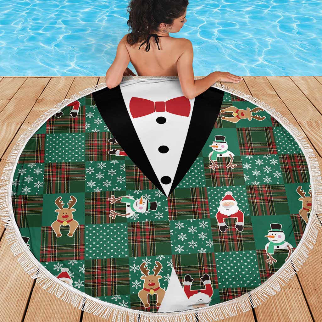 Christmas Patchwork Fake Tuxedo Beach Blanket Santa and Reindeer Green Plaid Style - Wonder Print Shop