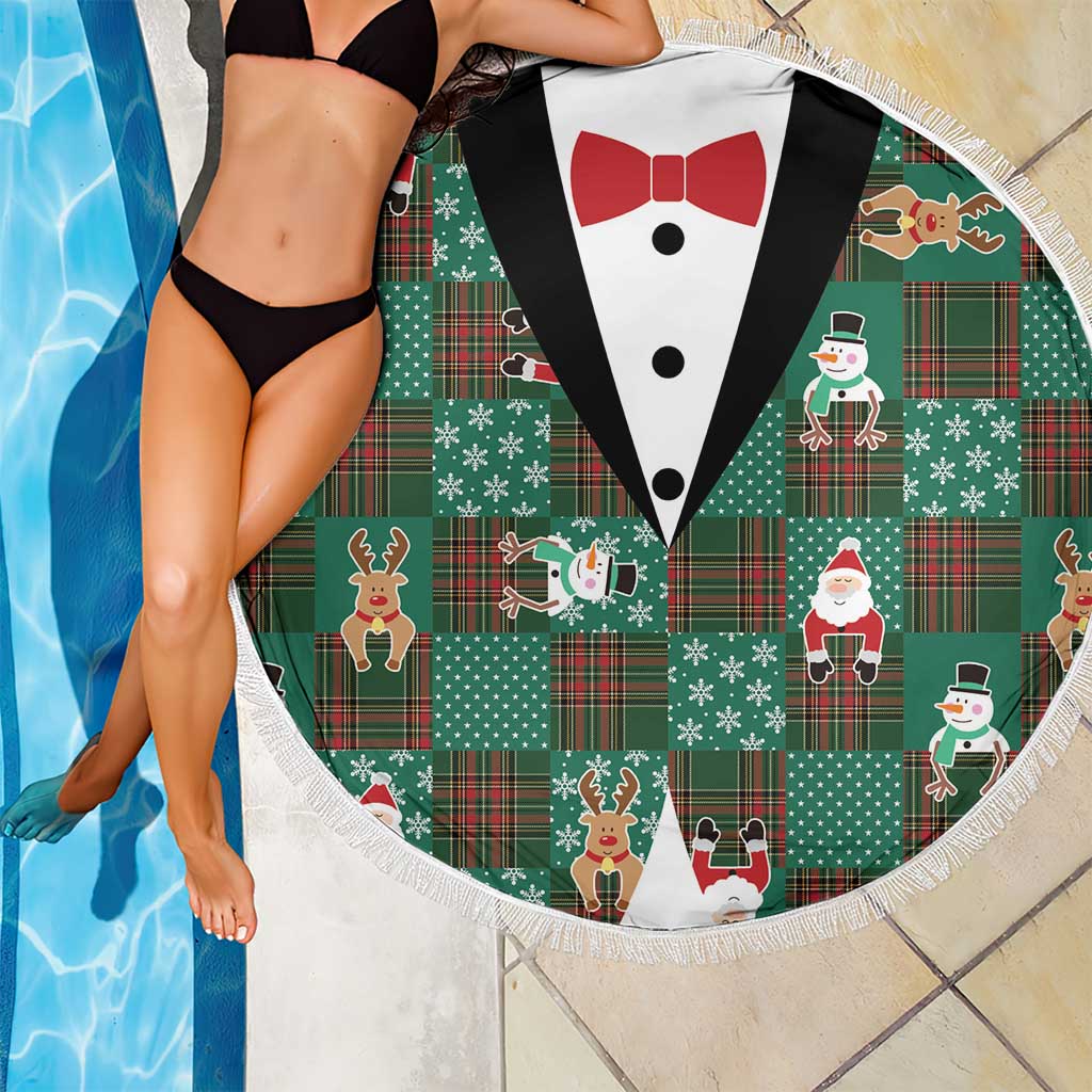 Christmas Patchwork Fake Tuxedo Beach Blanket Santa and Reindeer Green Plaid Style - Wonder Print Shop