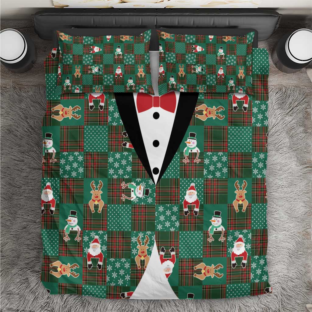 Christmas Patchwork Fake Tuxedo Bedding Set Santa and Reindeer Green Plaid Style - Wonder Print Shop