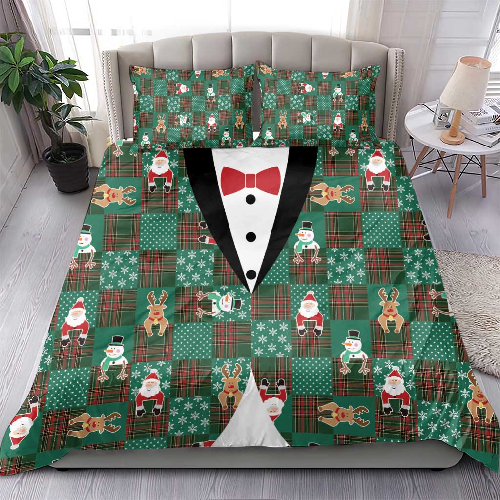 Christmas Patchwork Fake Tuxedo Bedding Set Santa and Reindeer Green Plaid Style - Wonder Print Shop