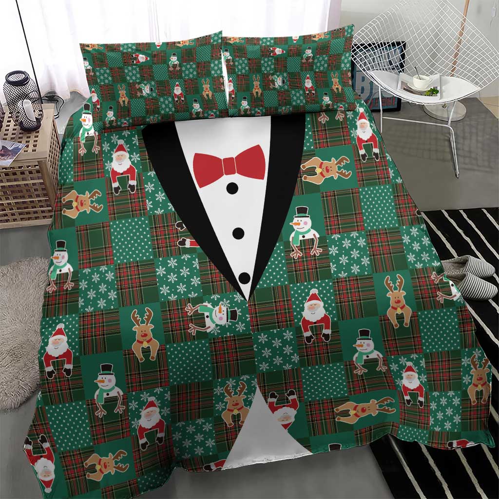 Christmas Patchwork Fake Tuxedo Bedding Set Santa and Reindeer Green Plaid Style - Wonder Print Shop