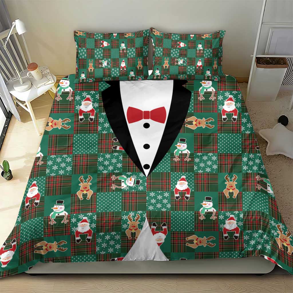 Christmas Patchwork Fake Tuxedo Bedding Set Santa and Reindeer Green Plaid Style - Wonder Print Shop
