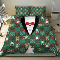Christmas Patchwork Fake Tuxedo Bedding Set Santa and Reindeer Green Plaid Style - Wonder Print Shop
